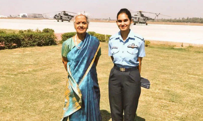 Air Marshal Padma Bandopadhyay (Retd.) And Flying Officer Avani Chaturvedi Standing Side By Side, With Avani Wearing Her Indian Air Force Uniform And Padma Wearing A Saree.
