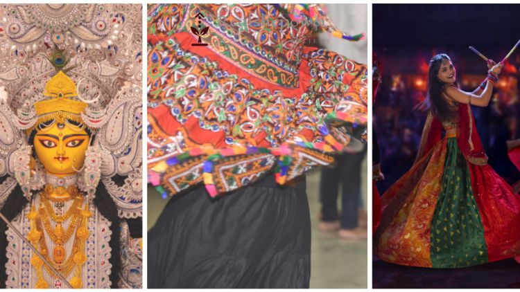 A Triptych Of Vibrant Cultural Images: On The Left, A Detailed Portrayal Of The Goddess Durga With An Ornate Silver Backdrop; In The Center, A Close-Up Of Colorful, Intricately Designed Hand-Embroidered Fabric; On The Right, A Joyous Woman In A Swirling Red And Green Traditional Dress, Dancing With Dandiya Sticks.