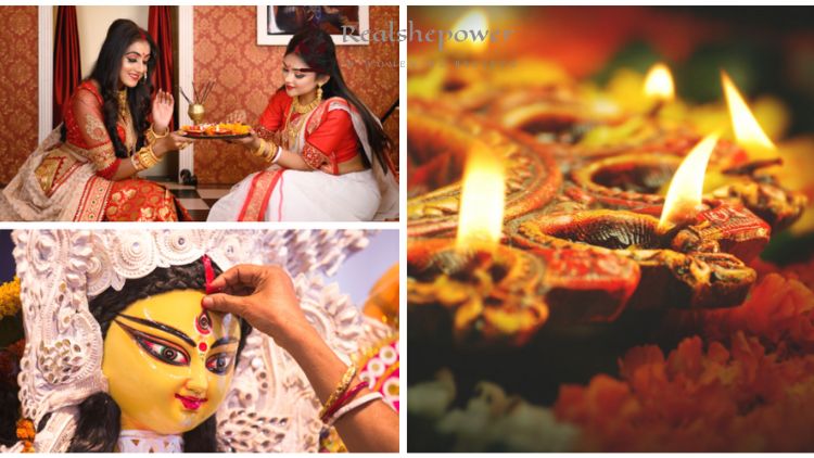 Quadrant Of Images Showcasing Cultural Traditions: Top Left, Two Women In Traditional Attire, One Offering A Ritualistic Plate; Top Right, Close-Up Of Lit Earthen Lamps Amid Marigold Flowers; Bottom Left, A Hand Adorning The Forehead Of A Goddess Durga Idol; Bottom Right, Bright Flames From Multiple Diya Lamps Illuminating The Surroundings.