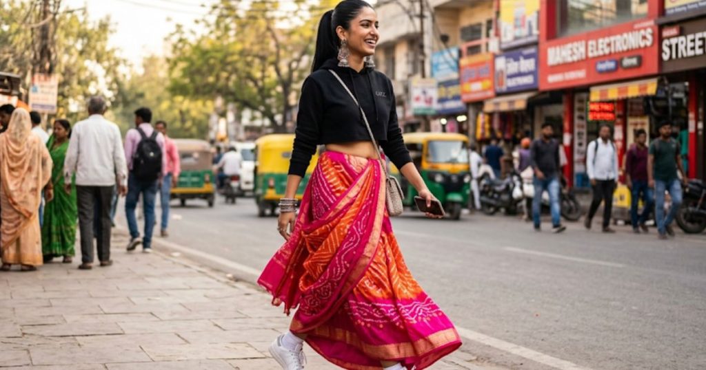 Fusion Lehenga-Style Hoodie Style: A Dynamic Young Woman Wears A Fitted Black Cropped Hoodie Paired With A Vibrant Pink And Orange Bandhani Saree Draped As A Full Lehenga Skirt. She Has Heavy Silver Jhumka Earrings, A High Sleek Ponytail, And White Sneakers.