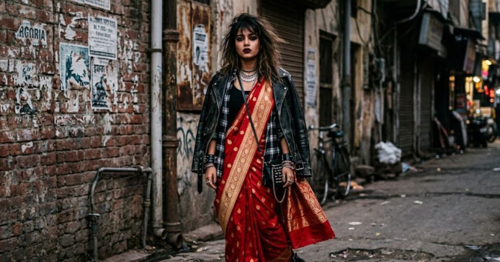 A Woman In A Grungy Setting, Wearing A Rich Red Banarasi Silk Saree With A Black/White Plaid Flannel Shirt Worn Open Over A Black Tank. She Has Dark Lipstick, Heavy Biker Boots, And An Oversized Leather Jacket.