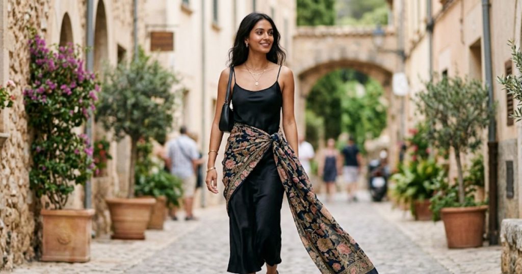 Minimalist Satin Slip &Amp; Saree Scarf Style: A Woman In A Sleek Black Satin Slip Dress. A Vintage Floral Georgette Saree Is Tied Around Her Waist Like A Dramatic Long Scarf. She Wears Dainty Gold Jewelry, Simple Strappy Sandals, And Holds A Minimalist Black Bag.