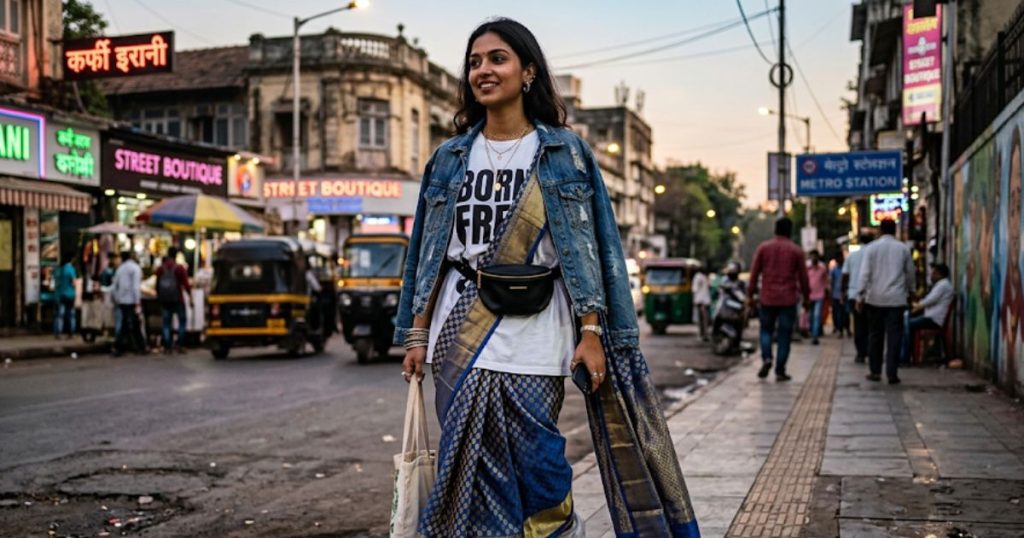 A Woman With An Oversized White Graphic Tee And A Rich Blue/Gold Kanjeevaram Silk Saree Casually Draped Over One Shoulder. She Wears Classic White Sneakers, A Distressed Denim Jacket, And A Sleek Black Belt Bag In An Urban Street Setting.