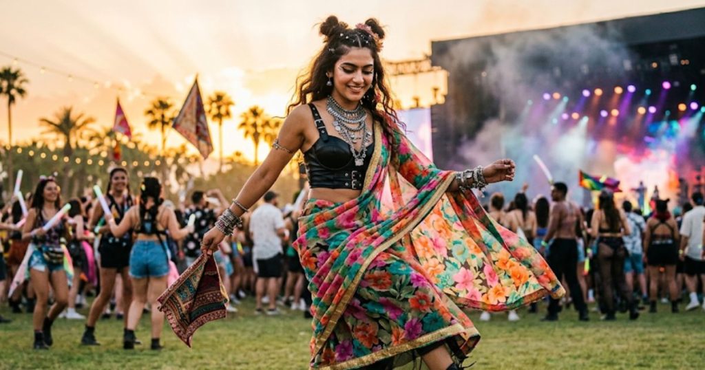 A Young Woman With A Black Leather Bustier And Spaces Buns Dances. She Wears A Colorful Floral Chiffon Saree Casually Draped, Chunky Combat Boots, And Stacked Silver Necklaces At A Music Festival Sunset