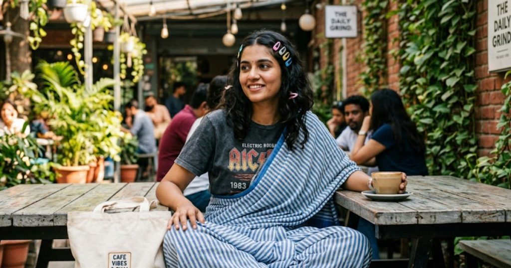 A Relaxed Young Woman At A Cafe. She Wears A Striped Cotton Saree With A Vintage, Worn Graphic Tee Tucked In. She Has Canvas Sneakers, A Canvas Tote Bag, And Natural, Wavy Hair With Colorful Clips.
