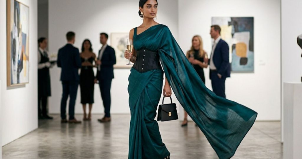 Art-Collab Corset Over Saree Style: A Sophisticated Woman At A Gallery Opening, Wearing A Deep Teal Raw Silk Saree In A Classic Nivi Drape. A Black Structured Corset Is Worn Over The Drape. She Has Sleek Bun, Architectural Heels, And Geometric Gold Earrings.