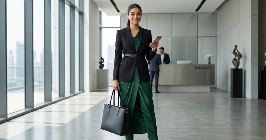 A Modern Woman Wears A Tailored Black Blazer Belted Over A Deep Green Satin Saree Draped Pant-Style. She Pairs It With Pointed Heels, A Sleek Ponytail, And A Structured Black Tote Bag In A Minimalis