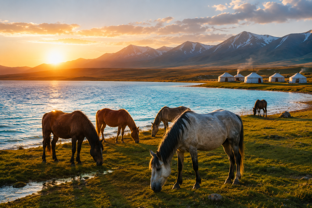 She Rode Into The Horizon And Never Fully Came Back. The Complete Guide To Horse Riding Travel For Women 2 Son-Kul Lake At Dawn, Horses Grazing At The Lakeside With Yurts Visible In The Background. The Colour Contrast Of The Turquoise Water And Golden Morning Light Makes This One Of The Most Iconic Images In Central Asian Travel