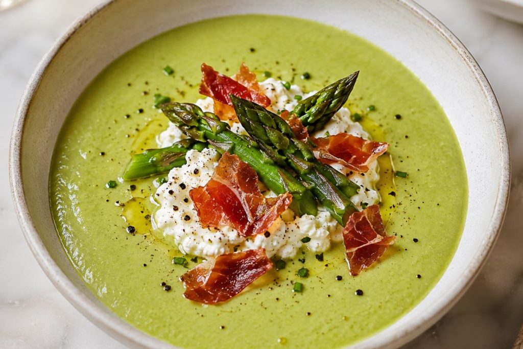 Chilled Asparagus Velouté With Truffled Ricotta &Amp; Crispy Prosciutto
