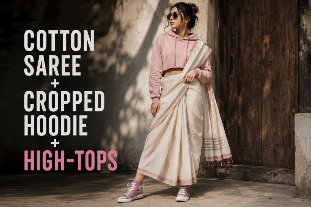 Drapes &Amp; Kicks: How Gen-Z Is Reimagining Traditional Sarees With Modern Streetwear 2 Crop Saree