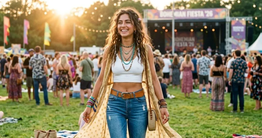 A Smiling Young Woman On A Festival Lawn, Wearing A Sheer Chanderi Silk Saree Transformed Into A Long, Open Vest Over A White Crop Top And High-Waisted Flared Jeans. She Has Messy Waves, A Wide Tan Belt, And Stacked Beaded Jewelry.